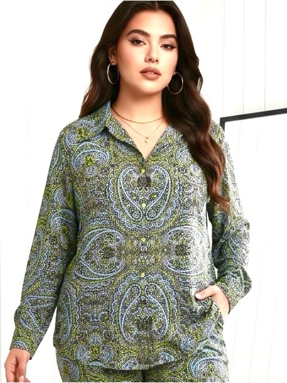 Jones New York Print V-Neck Blouse in Black, Light Blue & Lime